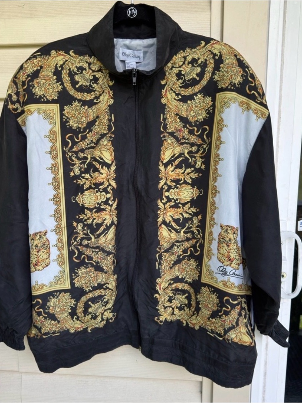 Vintage 90s Oleg Cassini Silk Baroque Leopard Print Bomber Jacket Plus Size 2X